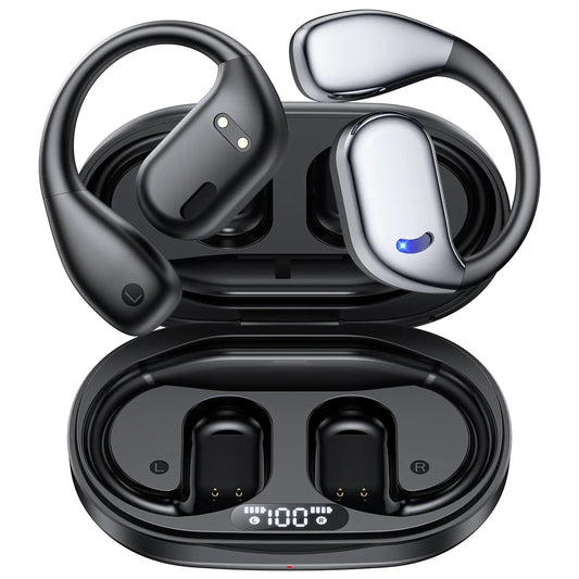 ABCDONG Auriculares Inalámbricos Bluetooth de Oreja Abierta con 60hrs de Reproducción y Sonido 8D, Auriculares Deportivos con Pantalla LED, Ganchos para las Orejas y Micrófono Incorporado, Ideales para Deporte, Correr y Conducir
